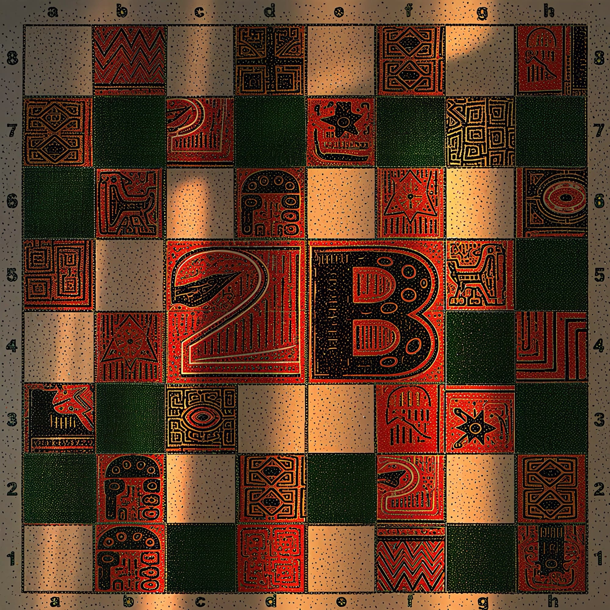 A chessboard of dark green and cream squares in low golden light. Carved red tiles with small glyphs sit on it, and a large carved 2 and B take the four centre squares.