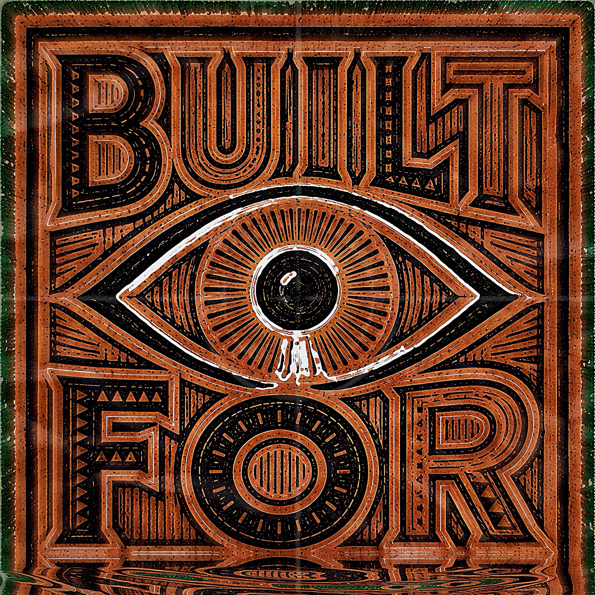 Cover art: the words BUILT FOR in carved copper block letters above and below a large engraved eye shedding one tear, on black, with a rippled reflection along the bottom edge.