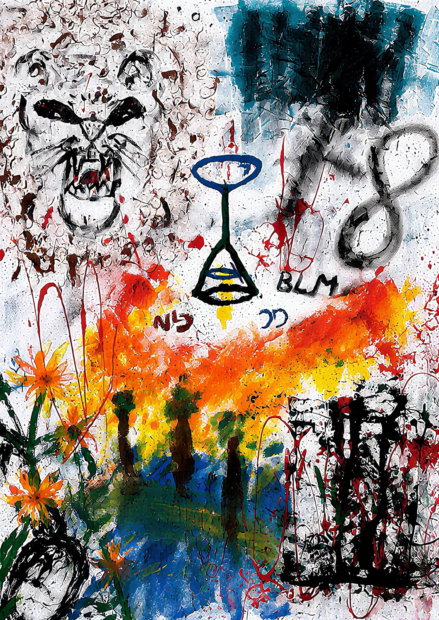 Mixed-media painting on white: a snarling big cat in black ink, a scraped teal block, a large grey 8, a blue and green figure with an eye at its base, a band of red, orange and yellow fire over dark trees, orange flowers, and black and red splatter.