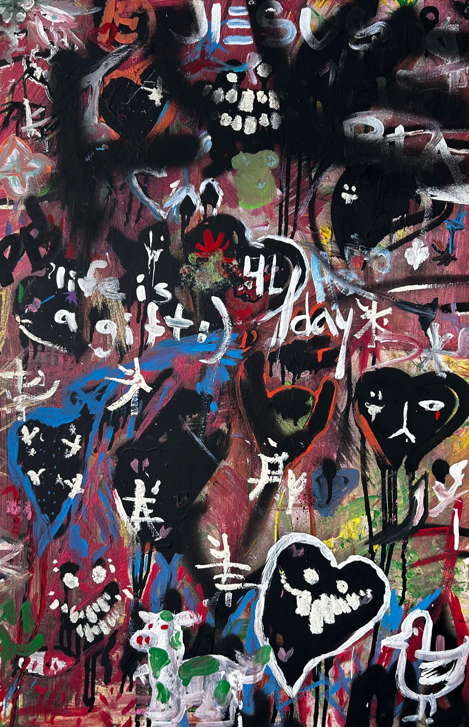 Mixed-media painting on a maroon ground, crowded with black spray-paint hearts and drips: grinning faces with white teeth, a heart with one weeping eye, the words life is a gift :) in white, white brush marks like characters, streaks of blue and red, and a green-spotted cow and a white bird along the bottom.